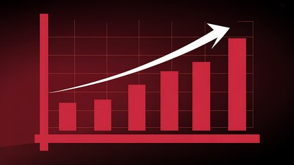 Minimalist red bar chart graph shows upward business growth trend with white arrow
