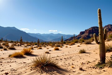 A desert landscape with sandy terrain, sparse vegetation, cacti, and clear blue skies.