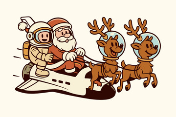 Santa and astronaut fly spaceship with reindeer