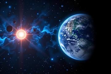 A striking astronomy themed illustration featuring a solar system with planets and stars. At the center, there is a large sun emitting rays that extend outwards, illuminating the scene