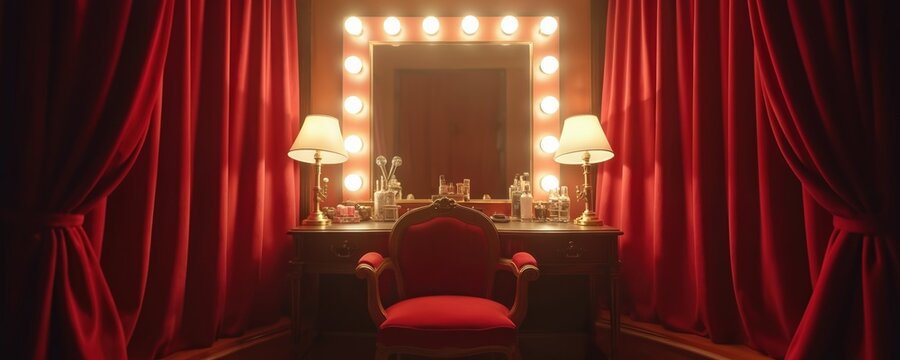 Hollywood dressing room with vintage vanity table, illuminated mirror, red velvet chair, and plush curtains. Glamorous setting for beauty prep. Stage backstage area.