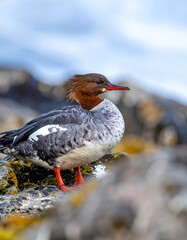 Female Red-breasted Merganser on Rocky Shoreline in Natural Habitat.