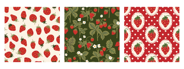 Vintage red green seamless pattern set strawberry polka dot print fabric wallpaper wrapping paper