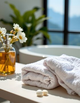 A tranquil bathroom setting with natural light. A white towel is neatly folded atop a matching white bathrobe