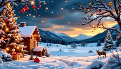 A picturesque winter scene featuring a Christmas themed log cabin nestled amidst snow covered landscape under a starry sky