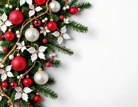 A festive Christmas wreath with red berries and gold baubles. A green evergreen branch forms the base of the wreath, adorned with red holly leaves - Powered by Adobe