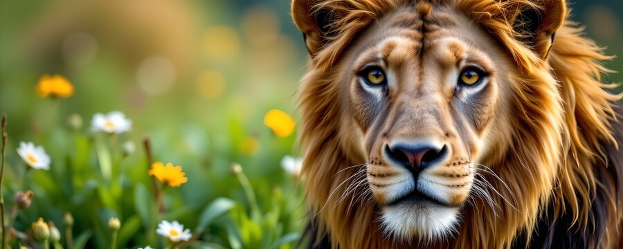 A majestic lion standing in a grassy area with wildflowers. The lion is captured mid roar, its head turned towards the camera, showcasing its powerful expression and mane.