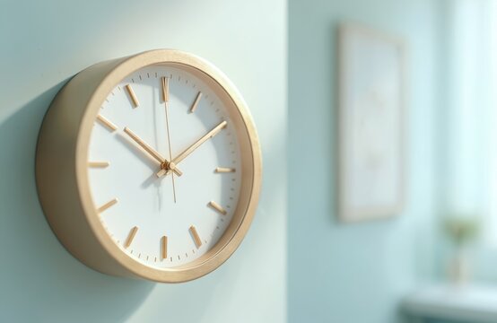 Close view of golden wall clock on aqua background. Time adjusted forward for daylight saving. Minimalist design implies start of spring and new beginnings. Copy space for text.