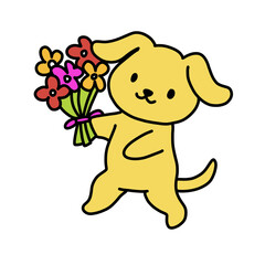 Simple and charming yellow dog character holding a colorful bouquet of flowers. Perfect for themes of love, appreciation, Mother's Day, gift-giving, and spring.
