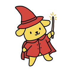 Whimsical yellow dog character dressed as a wizard in a red robe and pointy hat, holding a sparkling magic wand. Great for fantasy, Halloween, magic, and storytelling concepts.