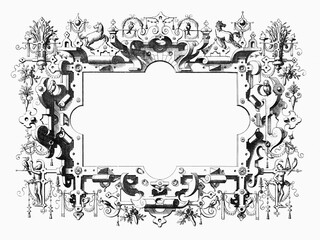 Ornate Renaissance and steampunk frame with surreal decorations.