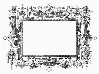 Ornate Renaissance and steampunk frame with surreal decorations.