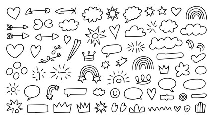 Hand drawn doodle cartoon set of speech bubble arrows and weather icons vector sketch collection