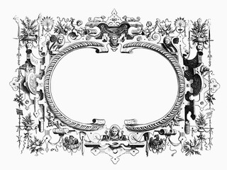 Ornate Renaissance and steampunk frame with surreal decorations.