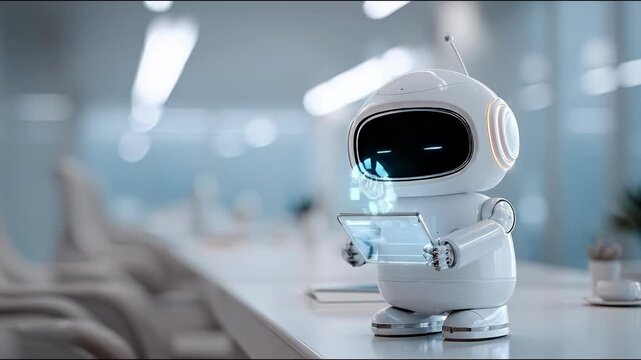 A small white robot with a black screen face holding a glowing holographic tablet in a modern office setting.