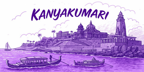 Kanyakumari Skyline Line Art with Vivekananda Rock, Thiruvalluvar Statue and Cultural Landmarks for Tourism and Wall Decor