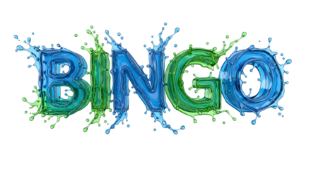 Bingo word formed by liquid splashes and droplets on a transparent background