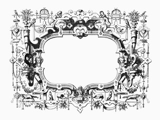Ornate Renaissance and steampunk frame with surreal decorations.