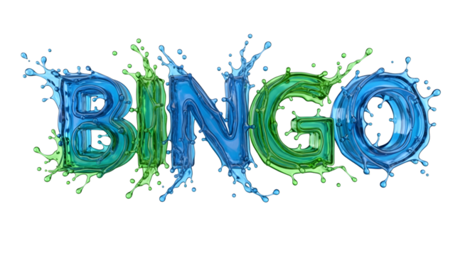 Bingo word formed by liquid splashes and droplets on a transparent background