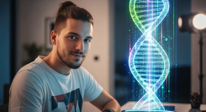 Man And Virtual Dna Strand Futuristic Genetic Research Technology