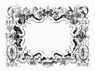 Ornate Renaissance and steampunk frame with surreal decorations.