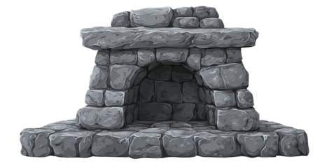Illustration of a gray stone fireplace, built from irregular blocks, with an arched opening