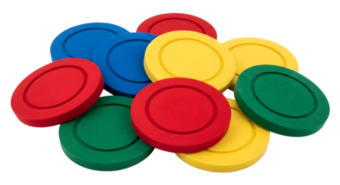 Colorful round wooden chips or tokens, poker chips stack on transparent background
