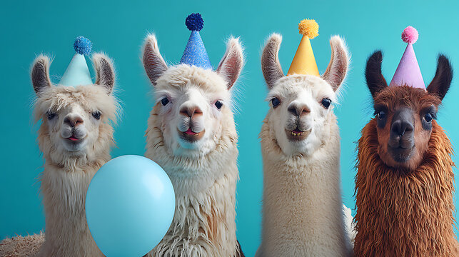 Four festive llamas wearing party hats and holding a balloon alpacas balloons