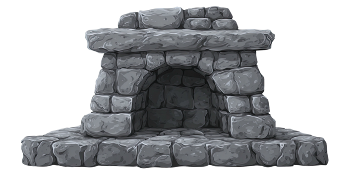 Illustration of a gray stone fireplace, built from irregular blocks, with an arched opening