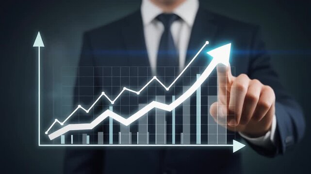 Business growth concept with upward trending stock market graph and finger pointing