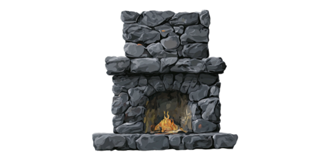 A cartoon depiction of a stone fireplace with flames.  Illustrative, stylized, cozy and warm
