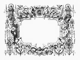 Ornate Renaissance and steampunk frame with surreal decorations.