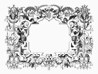 Ornate Renaissance and steampunk frame with surreal decorations.