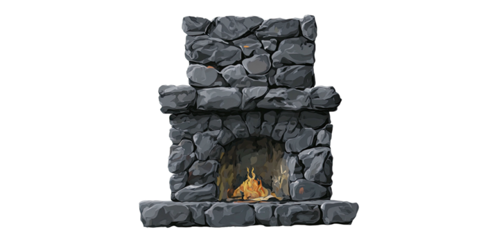A cartoon depiction of a stone fireplace with flames.  Illustrative, stylized, cozy and warm