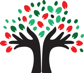 hands holding a tree illustration with heart and leaves