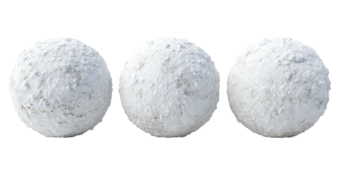 Three identical, textured white spheres floating against a stark black background