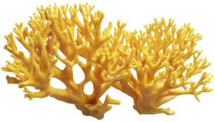 Two vibrant coral formations with branching structures, yellow hue, and detailed texture