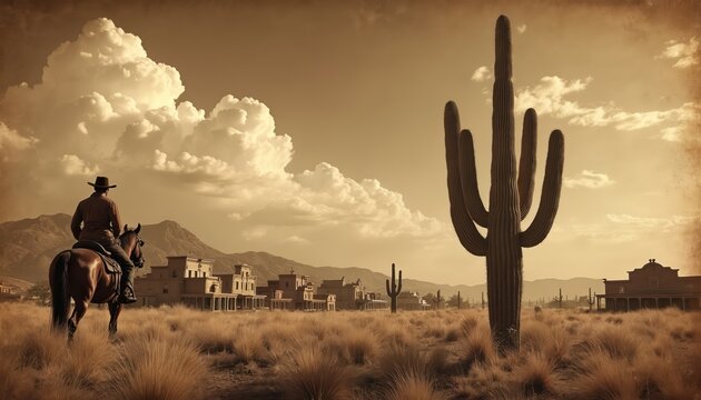 Sepia toned photo shows cowboy riding horse in desert. Cactus plants grow among dry grass field. Mountains and village seen far away. Retro wild west landscape under cloudy sky.