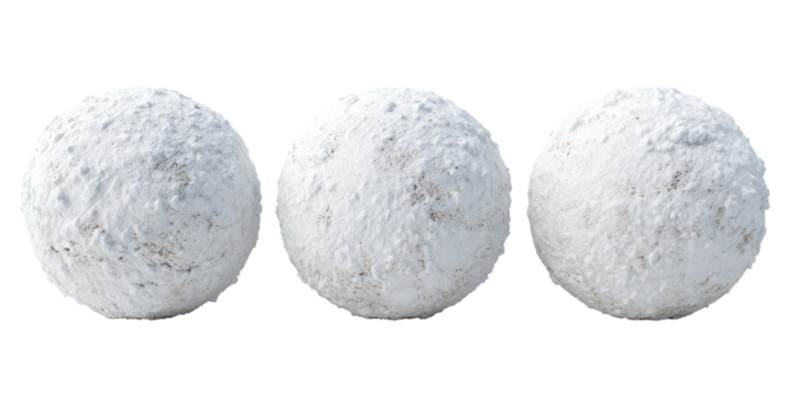 Three identical, textured white spheres floating against a stark black background