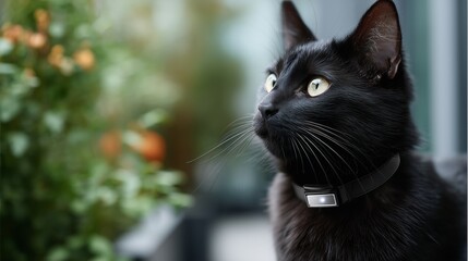 Black cat with bright eyes sitting near green plants in a cozy outdoor space
