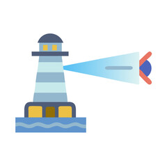 Isolated vector lighthouse with light beam on a black backdrop