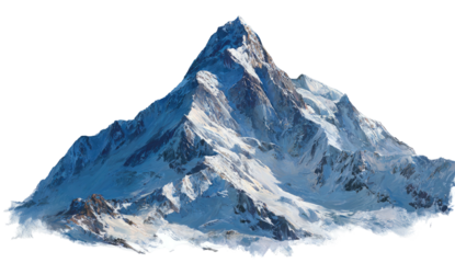 A high-resolution, isolated depiction of a snow-capped, jagged mountain peak, perfect clarity