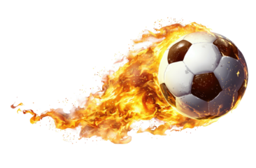 A soccer ball blazing with animated orange flames, isolated on a black background