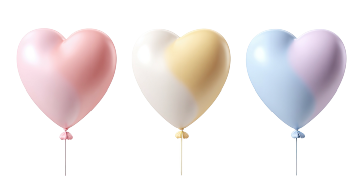 Three heart-shaped balloons, each with two pastel colors, floating against a black background - Powered by Adobe