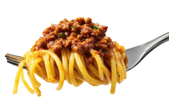 Close-up of cooked spaghetti intertwined with sauce, held on a fork, ready to eat