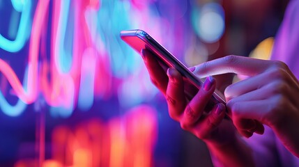 Stay connected with vibrant neon lights and a sleek smartphone in hand, perfect for tech, lifestyle, and modern communication themes today