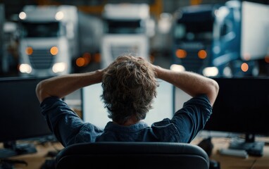 Freight forwarder logistics manager control room truck fleet traffic monitoring warehouse desk back silhouette tired worker transport operations
