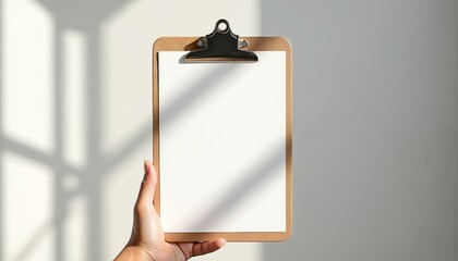 Hand holds wooden clipboard with blank white paper sheet for mockup. Empty document template for business notes to list presentation. Woman showing office stationery against wall with natural window