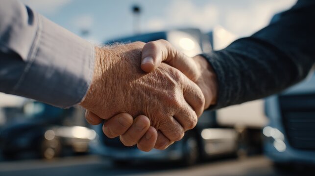 Two men handshake in front of truck fleet, close up of hands showing agreement and professionalism in outdoor logistics setting