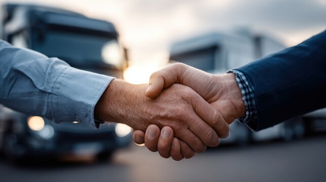 Two handshake agreement truck driver business handshake transportation deal logistics handshake outdoor meeting sunset handshake